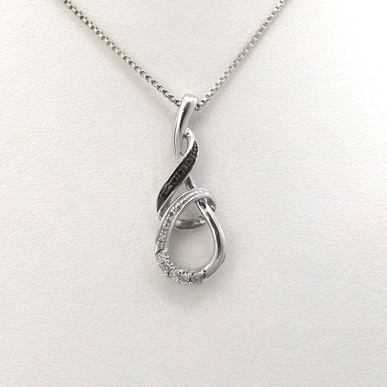 Black & White Diamond Teardrop 1/5 Carat Pendant 925 Sterling Silver Necklace